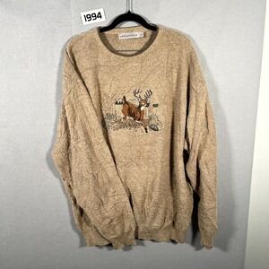 Vintage 90s Shenandoah Sweater Mens 2XL Beige Cotton Embroidered Deer